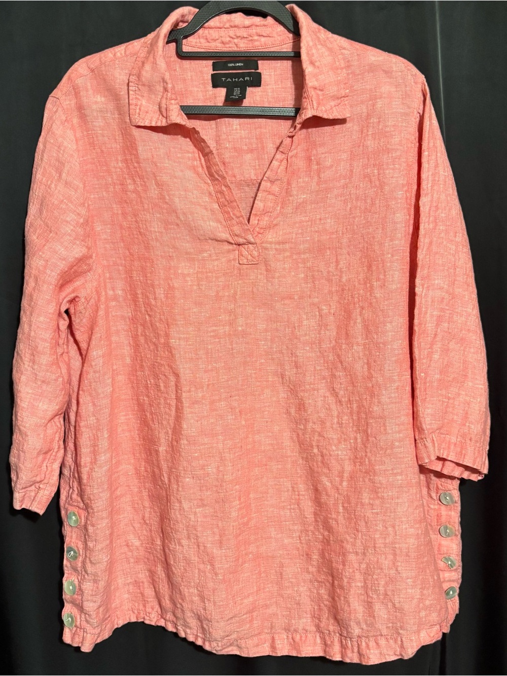 Tahari 1X 100% Linen Coral Pink V- neck Tunic Top Side Buttons 3/4 sleeves